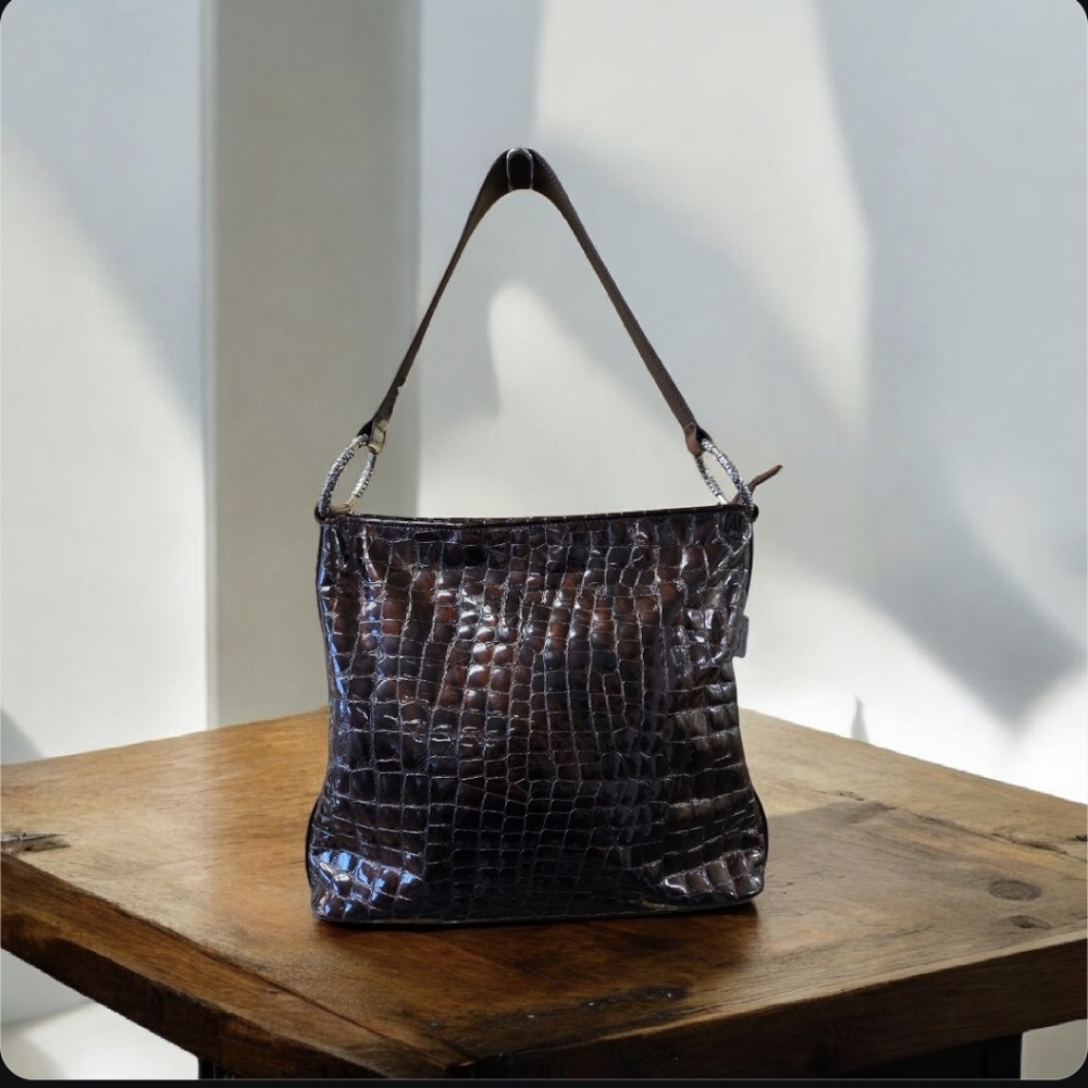 Brighton Brown Cher Croc- Embossed Patent Leather Shoulder Bag GUC